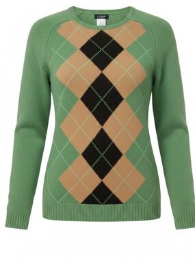 J. Crew Women's Green Argyle Crewneck Sweater 100% Lambs Wool.
